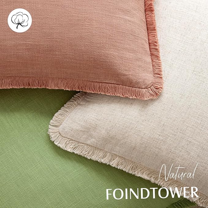 Foindtower Set of 2 Decorative Linen Fringe Lumbar Throw Pillow Covers Boho Farmhouse Cushion Cover with Tassels Soft Accent Pillowcase for Couch Sofa Bed Living Room Home Decor,12×20 Inch,Coral Pink
