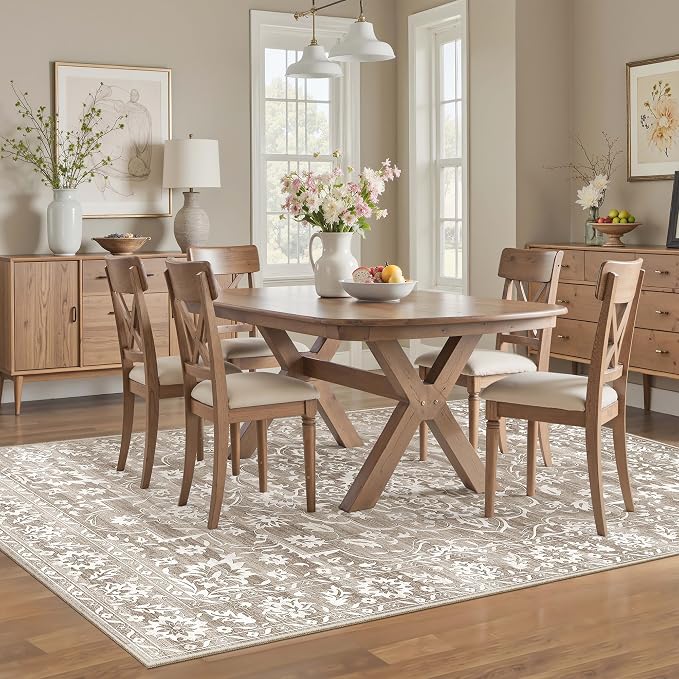 Soalmost 5x7 Area Rugs for Living Room, Washable Neutral Soft Rug | Vintage Floral Non-Slip Low Pile Throw Large Carpet for Dining Room Bedroom Kitchen Home Office Nursery Light Brown 5'x7'