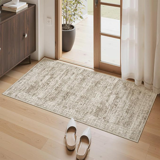 Soalmost 2x4 Washable Rugs for Kitchen, Floor, Entryway, Powder Room Small Area Rug Non-Slip Vintage Low Pile Throw Door Mat Brown