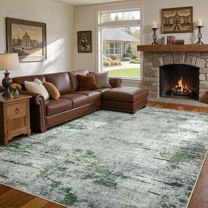 DMOYEST Area Rug Living Room Rugs - 8x10 Large Soft Indoor Neutral Modern Abstract Low Pile Washable Rug Carpet for Bedroom Dining Room Farmhouse Home Office - Green/Grey/Brown