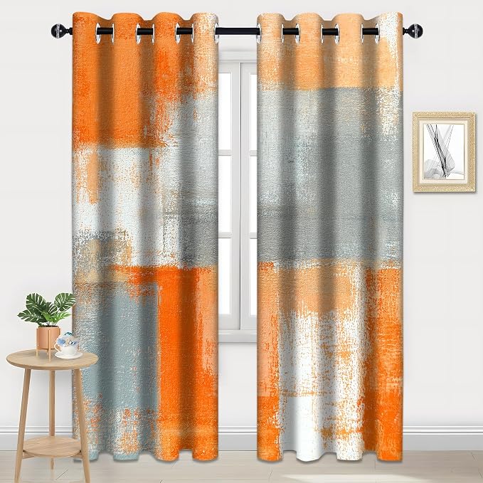 iTapnoom Abstract Orange Grey Blackout Curtains, Beige Aesthetic Art Painting Window Drapes Darkening Grommet Window Curtains for Living Room Bedroom Decor 2 Panels 52"x63" Inch