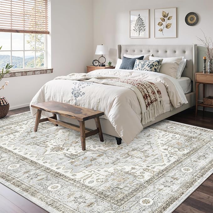 Area Rugs for Living Room - 6x9, Boho Non-Slip Low Pile Carpet Machine Washable Rugs for Bedroom, Farmhouse, Office, Dining Room (Light Blue＆Beige)