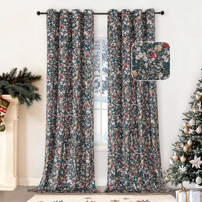 Estelar Textiler Green Velvet Blackout Curtains 84 Inch Long 2 Panels, Boho Floral Printed Curtains for Living Room,Thermal Insulated Room Darkening Designed Vintage Grommet Drapes for Bedroom,52Wx84L