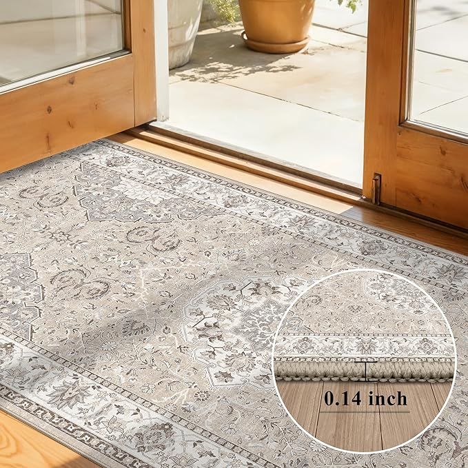 Washable Hallway 3x4 Floor Mats: Farmhouse Non-Slip Kitchen Sink Area Rug Water-Resistant Small Carpet for Living Room Bathroom Thin Soft Doormat Easy-Clean Decorative Rug for Pets Family(3x4,Beige)