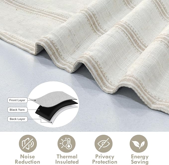 DriftAway Farmhouse Linen Lined Valance 2 Layer Thermal Insulated Room Darkening Blackout Window Valances Rod Pocket Vertical Striped Kitchen Valance for Bathroom Single 52 x 18 Inch Camel Beige