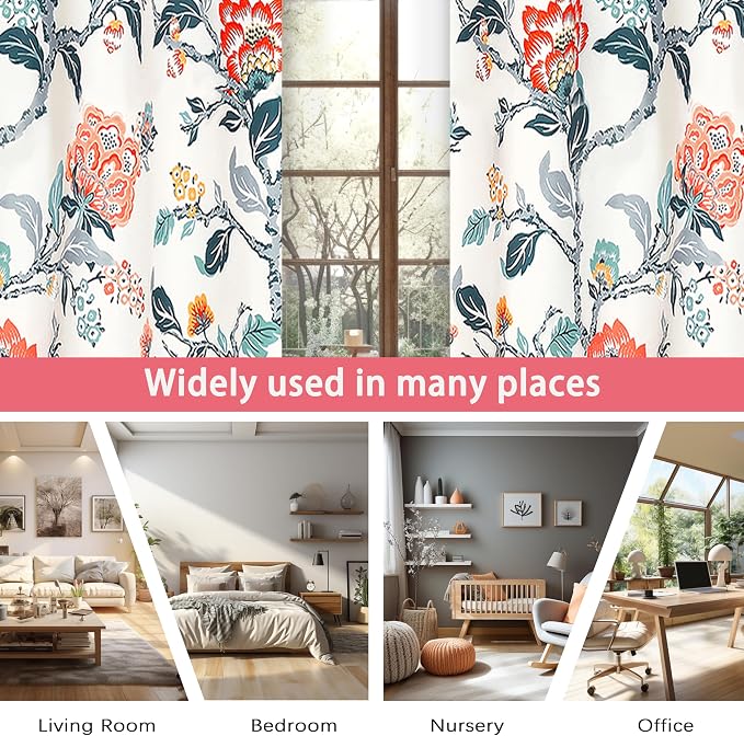 DriftAway Ada Floral Botanical Print Flower Leaf Lined Thermal Insulated Room Darkening Blackout Window Curtains 2 Layers Set of 2 Panels Each 52 Inch by 102 Inch Ivory Orange Teal