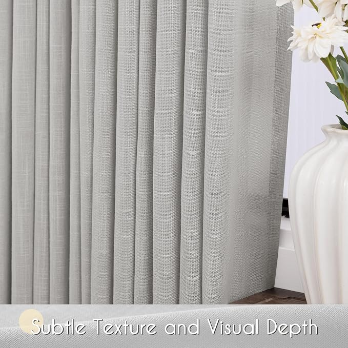 Linen Blend Grey Curtains for Living Room Back Tab Modern Farmhouse Semi Sheer Light Gray Curtains 45 inches Long 2 Panels Set Muted Neutral Cotton Texture Window Curtain for Dining Room Bedroom