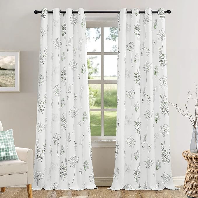 XTMYI Sage Green Curtains Drapes 96 Inches Long 2 Panels for Bedroom,80% Blackout Room Darkening Boho Cottagecore Decor Vine Botanical Curtains for Living Room,Light Green and Gray