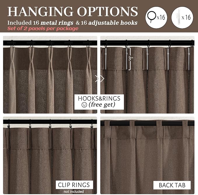 Extra Long 108 Inch Dark Brown Floor to Ceiling Curtains for Living Room, Memory Shape Pinch Pleated Thick Linen Modern Curtain Light Filtering Semi Sheer Luxury Window Drapes 9FT Length 2 Panels Set