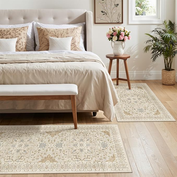 Madane 2-Piece Area Rugs Set, Small Kitchen Runner Non-Slip, Beige/Blue | Rug Runners Vintage Door Mat Indoor Entrance, Low Pile Floor Carpet for Inside Front Bedroom Entryway Entry Laundry 2x3+2x4