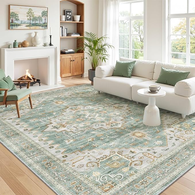 befbee Washable Rugs 5x8 - Stain Resistant 5x8 Area Rugs for Living Room, Vintage Floral Large Rugs for Bedroom Home Decor (5'x8', Green)