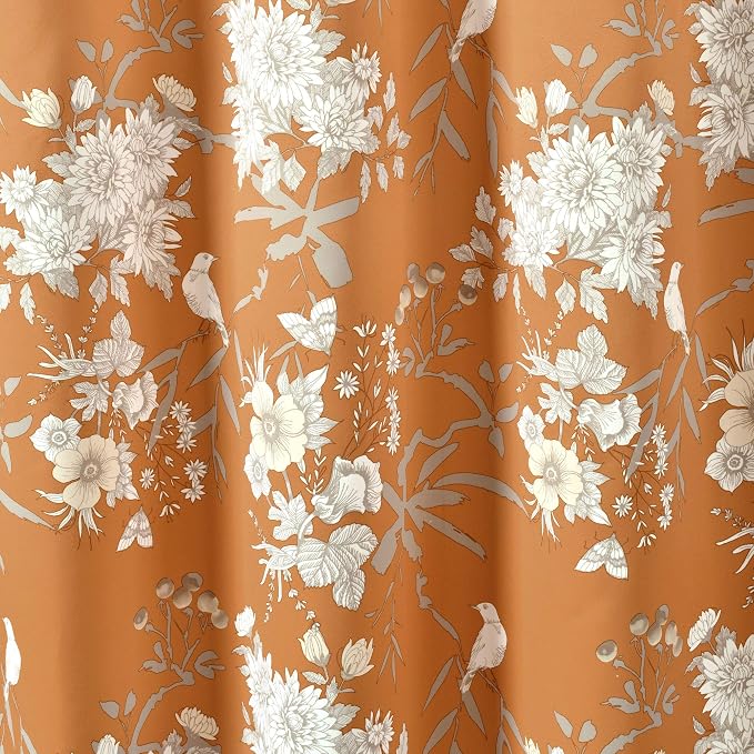 Lush Decor Botanical Garden Curtains Floral Bird Print Light Filtering Window Panel Drapes Set for Living, Dining, Bedroom (Pair), Orange, 52"W x 95L"