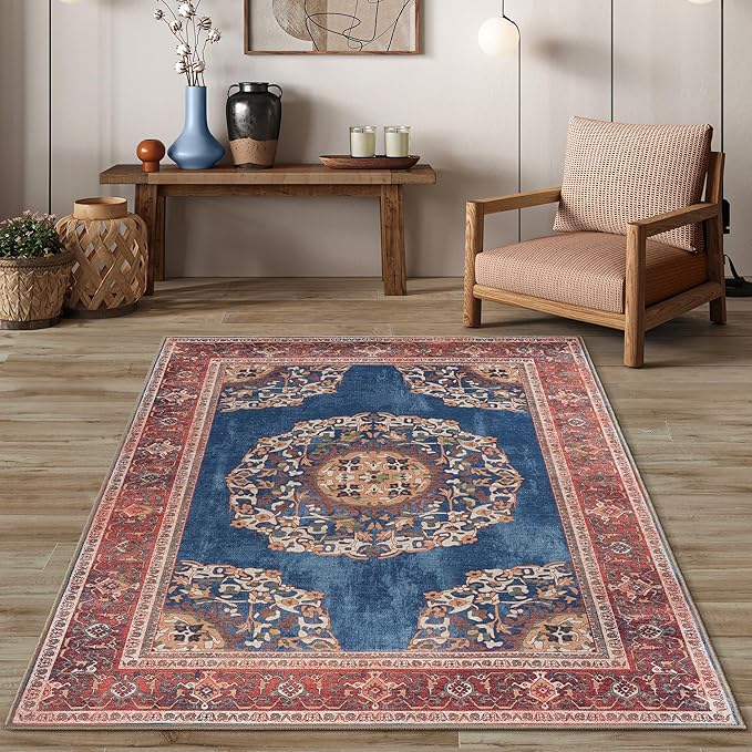 Navy Blue Brick Oushak Large Area Rug 8x10 - Washable Boho Rug Vintage Turkish Non-Slip Carpet Non-Shedding Extra Large Area Rugs for Living Room, Dining, Bedroom, Lounge, Farmhouse