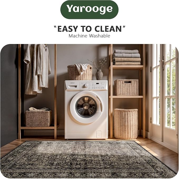 6x9 Area Rugs - Washable Vintage Retro Living Room Rug, Soft Ultra Thin Non Slip Low Pile Traditional Distressed Boho Carpet for Bedroom Dining Room Nursery Home Office, Brown