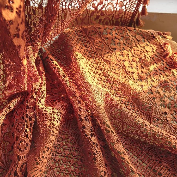 WAZZIO Boho Lace Curtains 63 Inches 2 Panel,Light Filtering Privacy Tassel & Geometry Crochet Semi Sheer Curtain Drapes for Bedroom Living Dining Room,Rod Pocket & Tassel,Full Decor,Burnt Orange