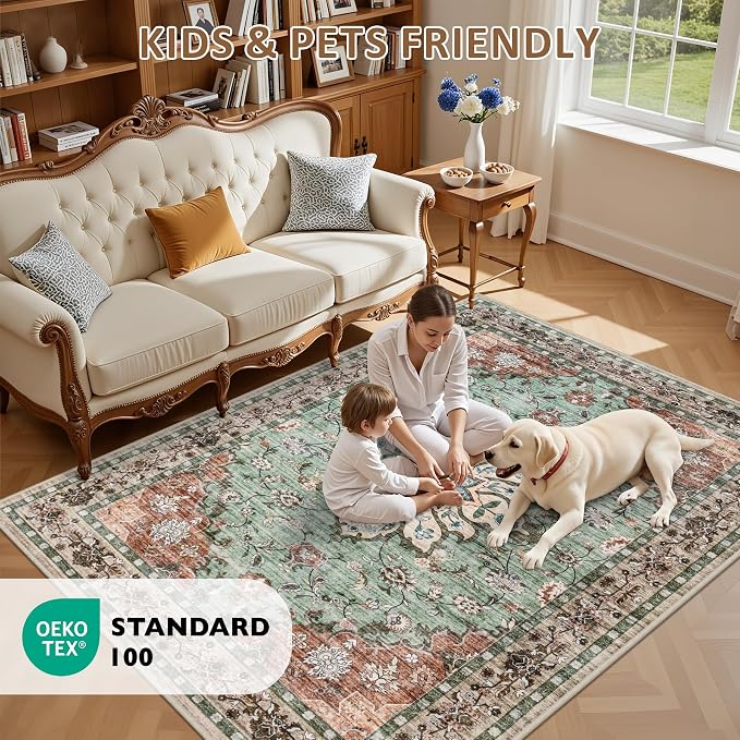 2x3 Area Rugs Living Room Rug: Washable Vintage Distressed Floral Rug No Slip Stain Resistant Soft Carpet Indoor Large Carpets for Bedroom Dining Room Farmhouse Nursery Hallway Home Office Brown Green