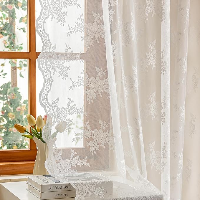 MEETSKY Sheer Lace Curtains 90 Inches Long for Living Room Dining Room Rod Pocket Vintage Victorian French Elegant Light Filtering Boho Style Home Decor, 50" Wide Each Panel, 2 Panels, White