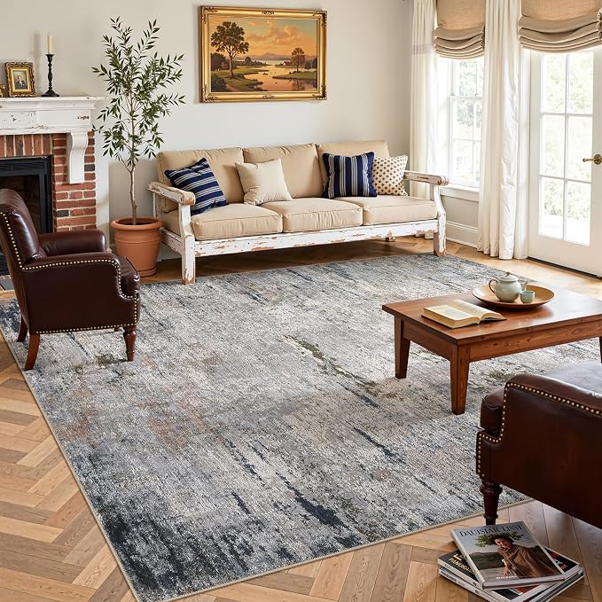 DMOYEST Area Rug Living Room Rugs - 10x14 Washable Large Soft Indoor Neutral Modern Abstract Low Pile Rug Carpet for Bedroom Dining Room Farmhouse Home Office - Blue/Grey/Brown