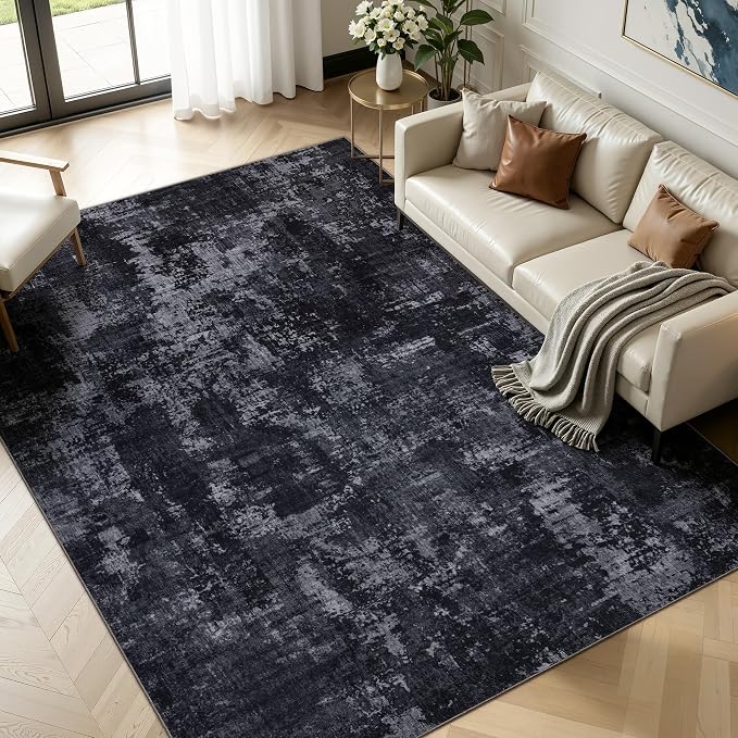 Sasttie 10x14 Soft Area Rug for Living Room, Modern Abstract Washable Large Carpet for Bedroom, with Non-Slip Backing, Black and Grey