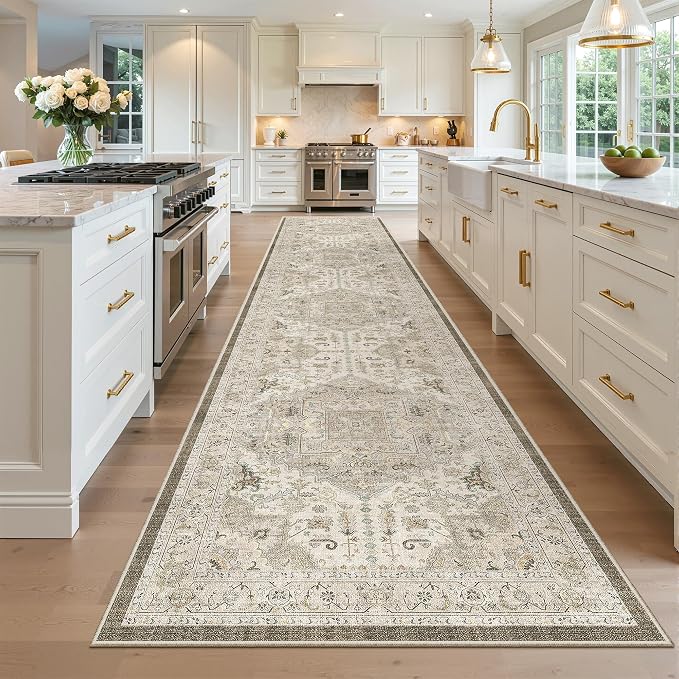 Madane Hallway Runner Rug 3x16 Washable Kitchen Runners Long, Ivory/Brown | Vintage Non-Slip Wide Area Rugs 16ft for Entryway, Low-Pile Farmhouse Indoor Floor Carpet for Living Room Bedroom