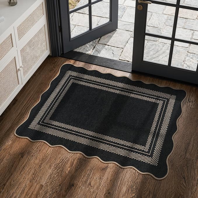 LIVEBOX Scalloped Easy Jute 2x3 Front Door Mat Black Kitchen Rug, Washable Small Indoor Outdoor Rug for Entryway, Tan Non Slip Farmhouse Area Rugs, Neutral Carpet Doormat for Porch Doorway Foyer