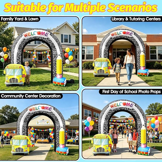 8FT Welcome Back to School Inflatable Arch Outdoor Decorations, Composition Blow Up Arch with Pencil School Bus Built-in 5 LED Lights for First Day of School Party Garden Yard Lawn Photo Backdrop