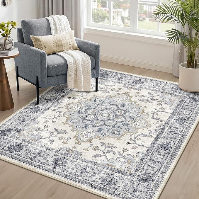 CAPALOCA Machine Washable Rugs Nursery Rug Sq5ft Cute Girl Non Slip Low Pile Water Repellent Soft Print Pattern for Bedroom Indoor Decor Kids Playroom Blue White