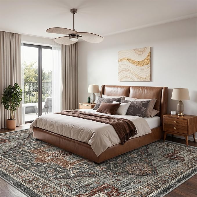 Roxstand 8x10 Area Rugs for Living Room, Vintage Washable Rug with Non-Slip Backing, Stain Resistant Large Area Rug for Dining Room, Soft Rugs for Bedroom (Grey/Brown/Tan, 8'x10')