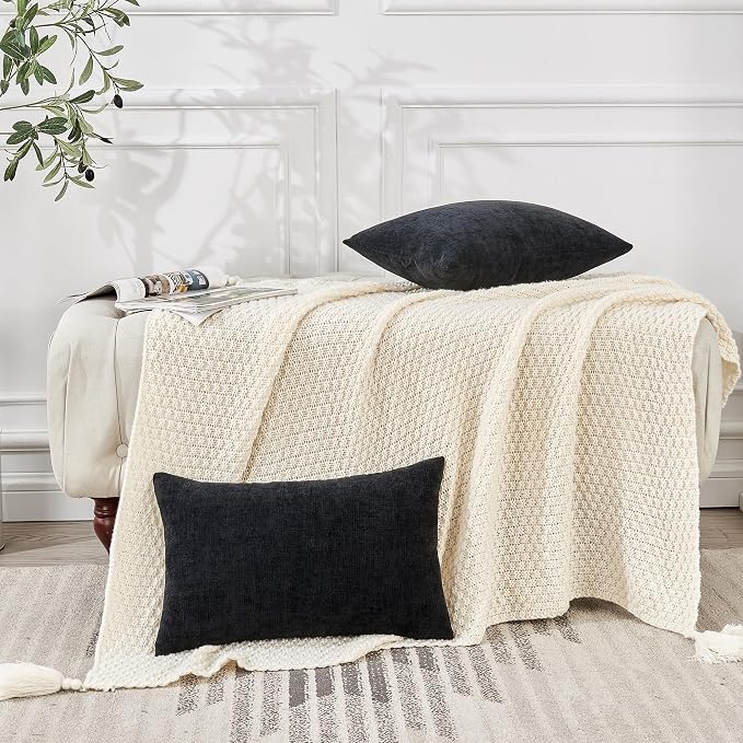 GAWAMAY Lumbar Pillow Cover Decorative Rectangle Throw Pillow Covers 12"x20" Inch Set of 2, Super Soft Chenille Pillowcase for Living Room Bedroom Sofa Couch Cushion Cover Black 30x50cm (No Insert)