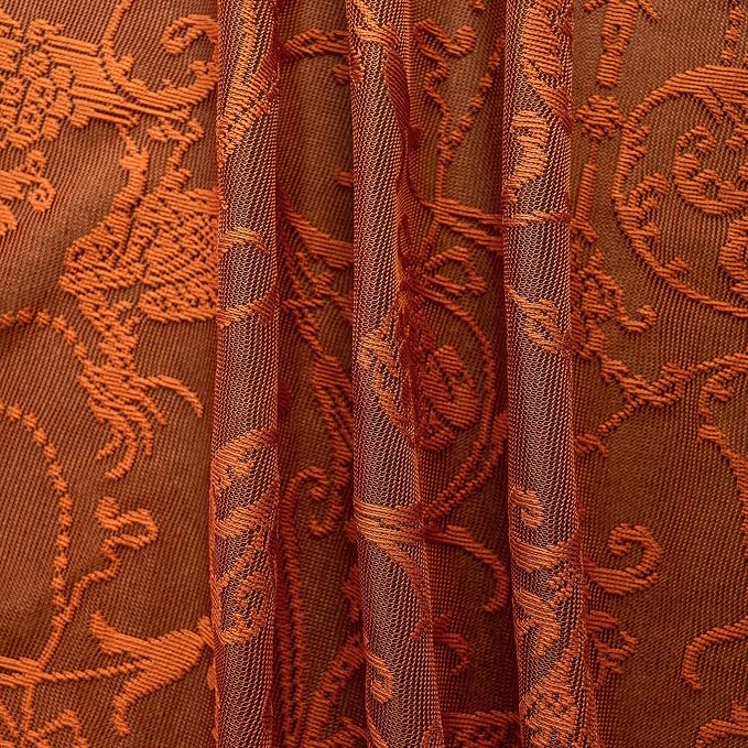 TUDECO Lace Orange Curtains for Living Room 108 Inches Long - Cottage Core Floral Sheer Long Rust Colored Curtains 2 Panels, Rod Pocket Privacy Orange Bedroom Decor, 59W x 108L Inch