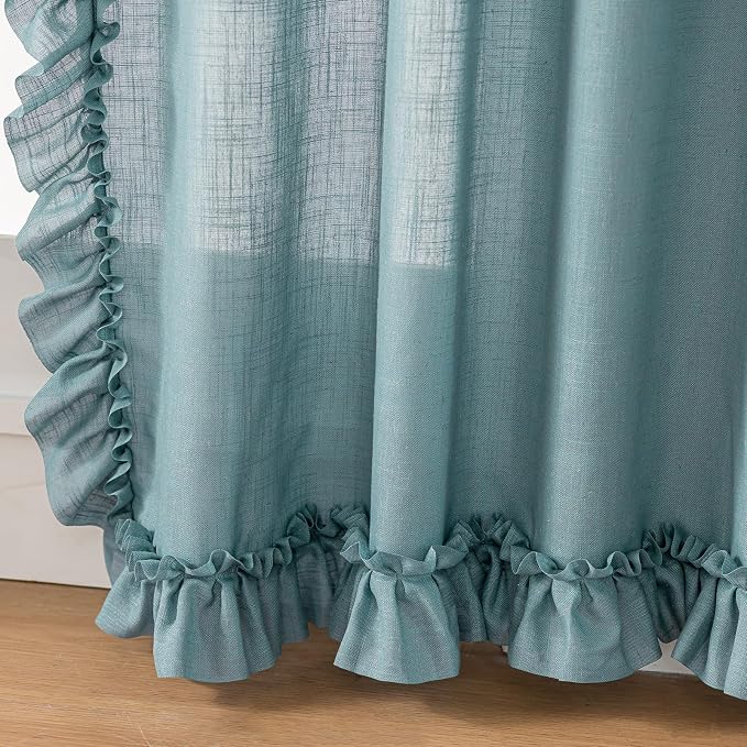 TERLYTEX Stone Blue Ruffle Curtains 84 Inches Long 2 Panels, 58 x 84 Inch, Linen Textured Flowy Window Curtains for Living Room Bedroom Rod Pocket Privacy Light Filtering Semi-Sheer Ruffled Curtain