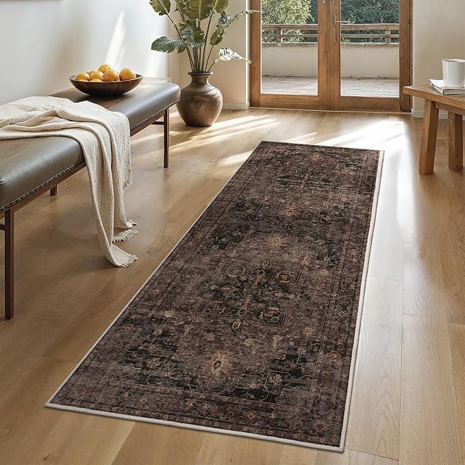 GENIMO 2x10 Runner Rugs for Hallway, Machine Washable Rugs Non Slip Vintage, Low Pile Lightweight Soft Runner Rug for enrtyway, Corridor, Home, Office, Kitchen, Charcoal Brown
