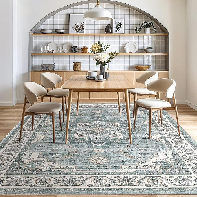 Vintage Living Room Area Rug 8x10 - Large Soft Washable Oriental Traditional Distressed Farmhouse Rugs for Bedroom - Indoor Floor Accent Carpet for Home Office House Decor - Denim Blue