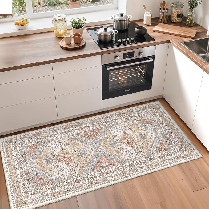 zesthome 2x4 Washable Rug Runner for Bathroom, Soft Entryway Rug for Laundry Room, Kitchen, Vintage Abstract Hallway Runner for Bedroom, Anti-Slip Door Mat Indoor Entrance(Orange,2'x4')