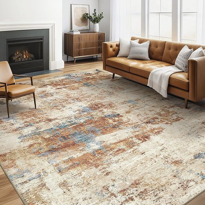 5x8 Area Rug Washable Rug: Large Abstract Modern Soft Stain Resistant Indoor Floor Non-Slip Accent Carpet for Living Room Bedroom Nursery Playroom Dining Room Office Dorm Home House- Blue Orange