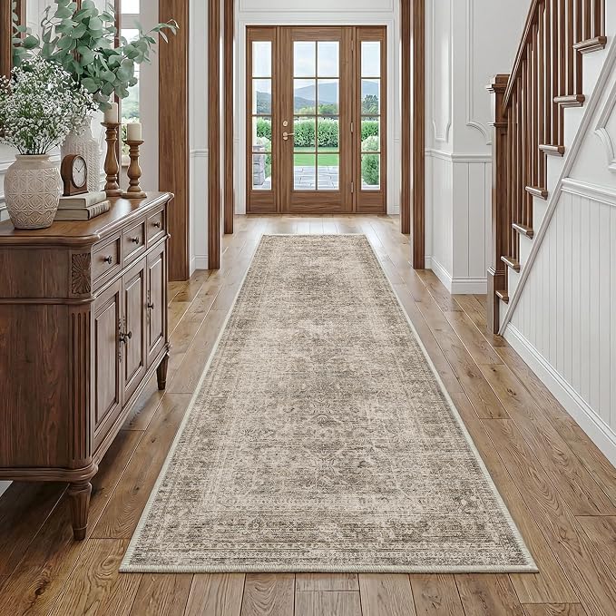FMFUNCTEX 3x12 Runner Rug Taupe Washable Vintage Neutral Distressed Non Slip Low Pile Indoor Carpet Soft Retro Floral Hallway Entryway Rug for Kitchen Living Room Bedroom Bathroom Laundry Bedside