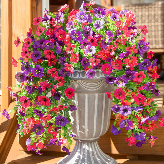 Artificial Faux Hanging Flowers Plants for Spring Outdoor Outside Decoration, 2 PCS Fake Silk Daisy with Eucalyptus UV Resistant Realistic Trailing Vines for Balcony Patio Porch (Darkpurple+Hotpink)