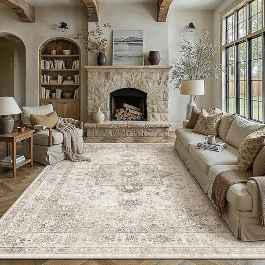 PureCozy Taupe 8x10 Area Rug Washable Vintage Living Room Carpet Non Slip Retro Distressed Low Pile Soft Oriental Medallion Thin Large Throw Rug for Office Bedroom Dining Room Playroom