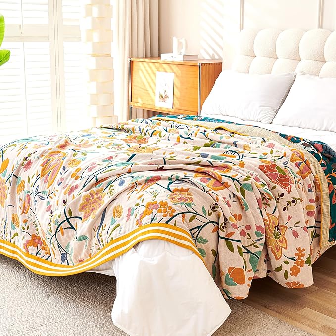 VANJOROY Boho Throw Blanket, 100% Organic Cotton Breathable Ultra Soft 91" x 98" Bed Quilt Throw - All Season Floral Rustic Farmhouse Decor Luxury Reversible Blanket for Sofa Couch Chair and Gift