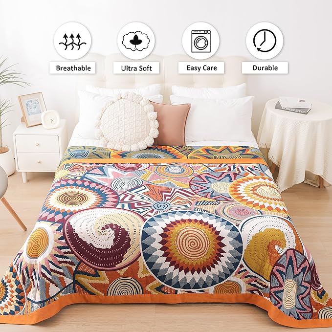 VANJOROY Boho Throw Blanket, 100% Organic Muslin Cotton Skin-friendly Breathable Ultra Soft Bed Quilt Throw - All Season Bohemian Decor Luxury Colorful Blanket for Sofa Couch Chair and Gift. 60" x 80"