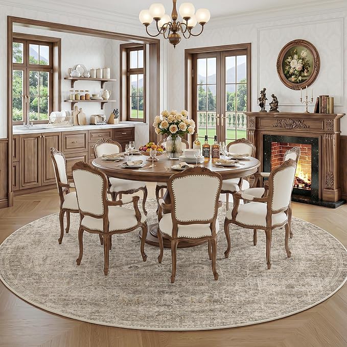 FMFUNCTEX 8ft Round Washable Area Rug Taupe Vintage Neutral Distressed Large Non Slip Carpet for Living Room Bedroom Soft Low Pile Indoor Mat Retro Floral Thin Rug for Dining Kitchen Office Nursery