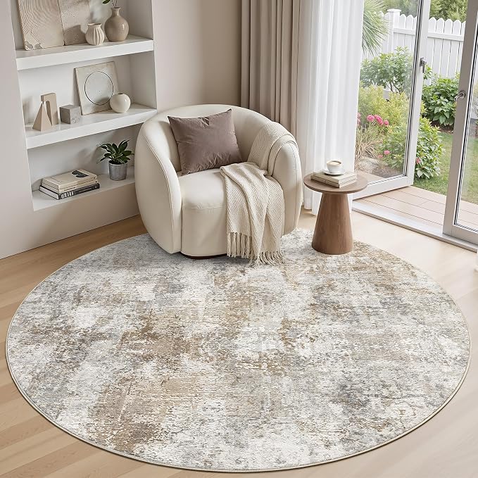 WITSHOCK Area Rugs 6ft Round Living Room Rug - Washable Neutral Soft Low Pile Non-Slip Modern Abstract Thin Large Indoor Carpet for Bedroom Dining Room Nursery Office - Light Brown Grey