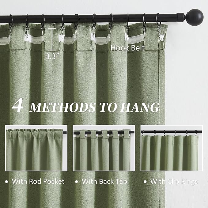 KEQIAOSUOCAI Sage Green Blackout Linen Curtains for Kitchen Doors 45 Inches Long, Back Tab Hook Belt Short Cafe Farmhouse Drapes for Bedroom Laundry 50 Inch Wide x 45 Inch Length, 2 Panels