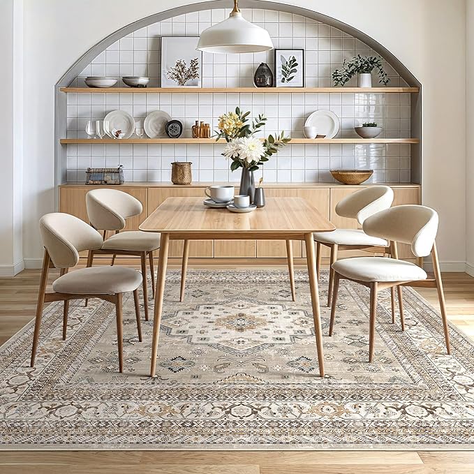 Vintage Living Room Square Area Rug 8x8 - Large Soft Washable Oriental Traditional Distressed Farmhouse Rugs for Bedroom - Indoor Floor Accent Carpet for Home Office House Decor - Beige