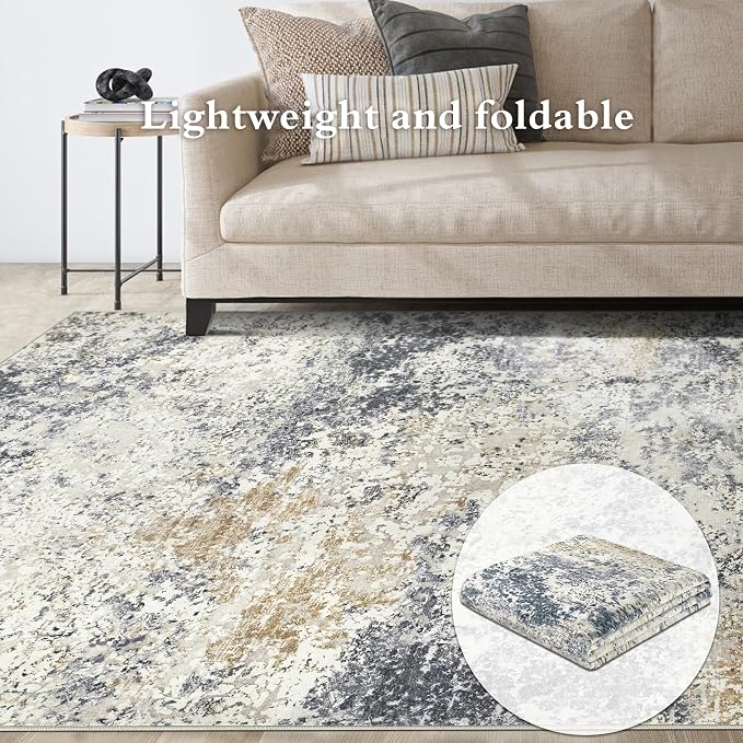 LOVORAL Area Rugs for Living Room: 5x8 Washable Neutral Abstract Rug for Bedroom Large Soft Modern Dining Room Rugs Indoor Floor Low Pile Carpet for Home Office Nursery - Blue Grey