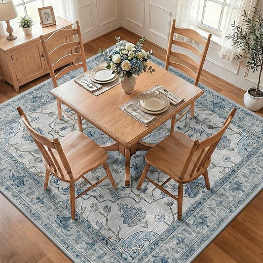 RELEANY Area Rugs Square 7ft Washable Non-Slip, Floral Vintage Distress Medallion Carpet for Living Room Bedroom Dining Room, Light Blue Navy Gray White