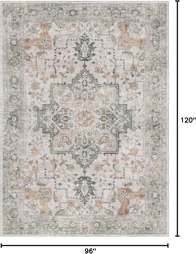 GENIMO 8x10 Area Rugs for Living Room, Machine Washable Non Slip Vintage Area Rugs, Low Pile Lightweight Print Rug for Bedroom, Dining Room, Home Office, Light Taupe Brown