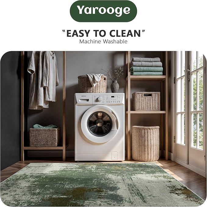 8x10 Rugs for Living Room - Modern Abstract Washable Rug, Ultra Soft Non Slip Low Pile Large Rugs, Floor Carpet for Bedroom Dining Room Office Laundry Nursery Home(Green)