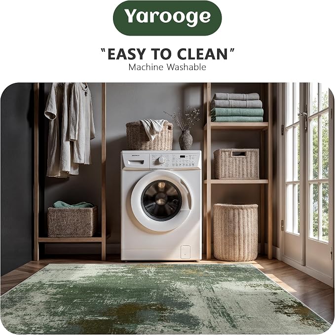 9x12 Rugs for Living Room - Modern Abstract Washable Rug, Ultra Soft Non Slip Low Pile Large Rugs, Floor Carpet for Bedroom Dining Room Office Laundry Nursery Home(Green)