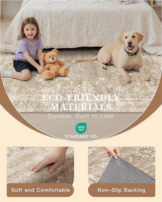 Madane Washable 6x9 Area Rugs for Living Room, Vintage Neutral Rug with Non-Slip Backing, Soft Stain Resistant Throw Rugs Thin Carpet for Bedroom Dining Room Farmhouse (6 x 9, Beige/Brown)
